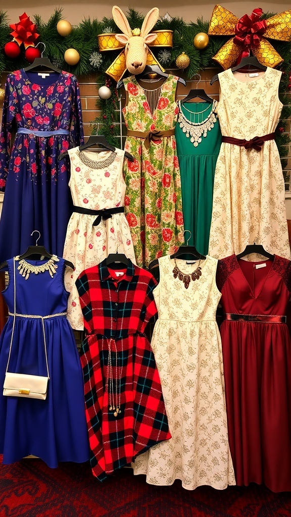 A collection of Christmas frocks in red, green, and silver, displayed with festive accessories on a decorated table.